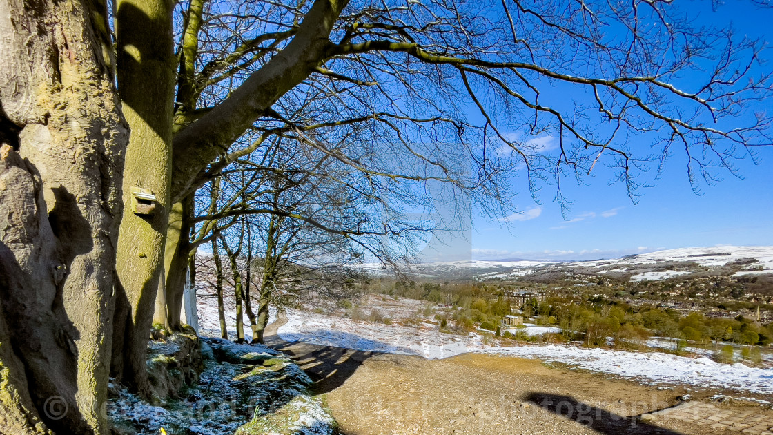 "View from White Wells, Rombalds Moor, Ilkley, Yorkshire, England, UK. Snow on the ground." stock image