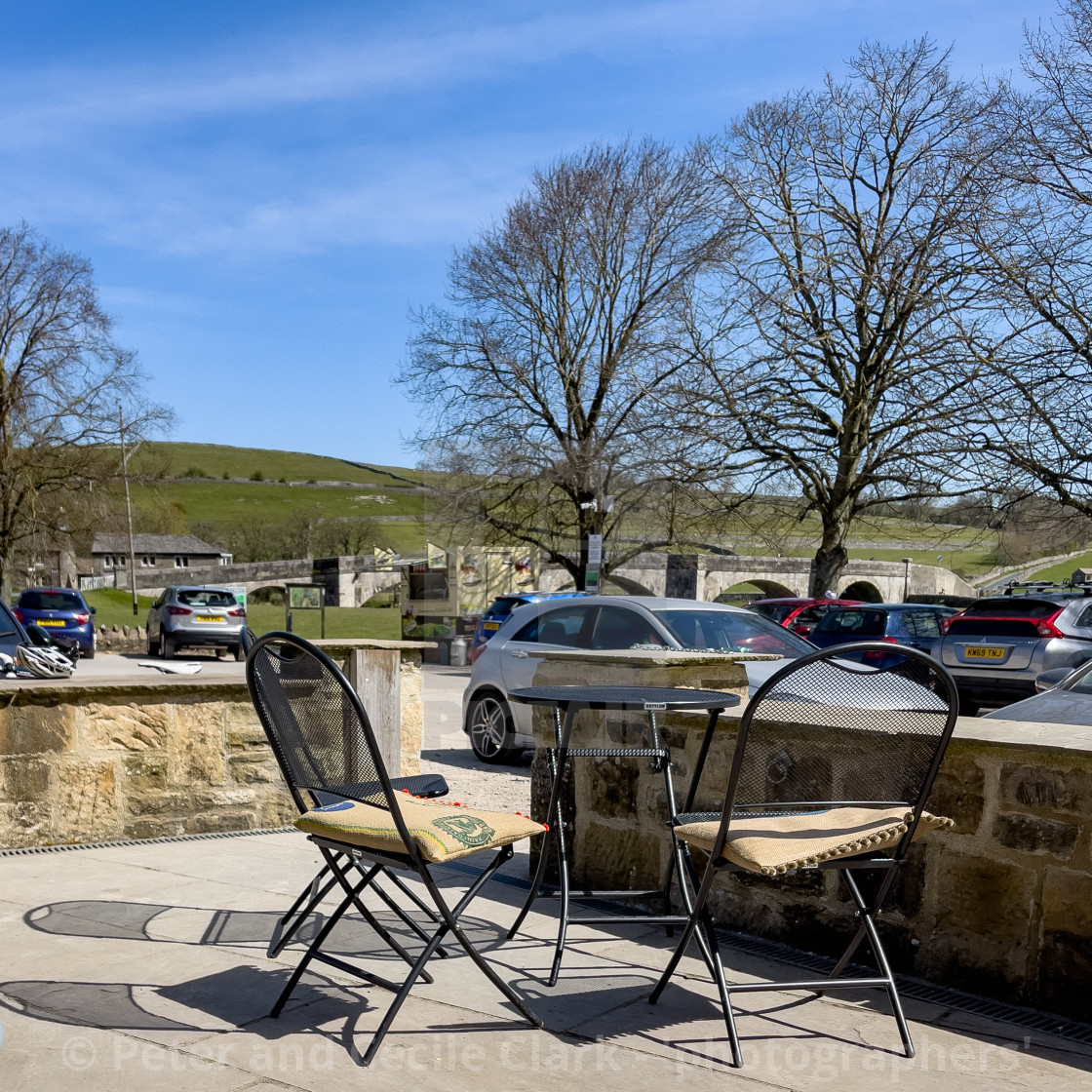 "Outside Table and Chairs, at Riverbank, Coffee shop, Burnsall, Yorkshire Dales, England." stock image