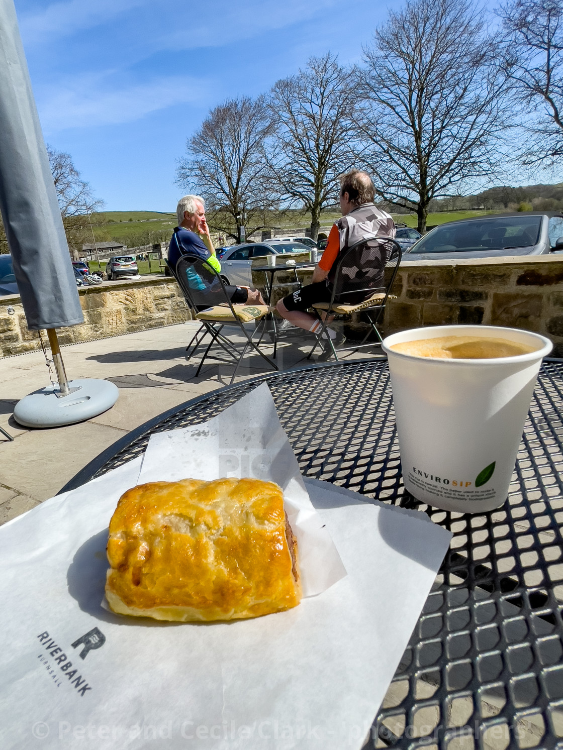 "Sausage Roll and Coffee at Riverbank, Coffee Shop, Burnsall, Yorkshire Dales." stock image