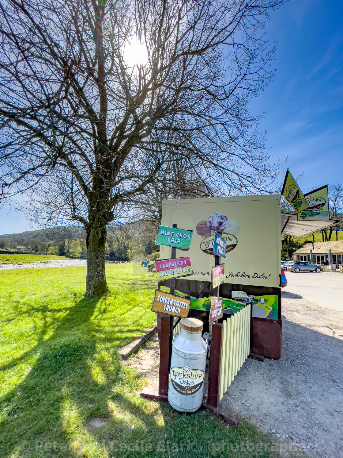 "Ice Cream Booth and Signs at Burnsall in the Yorkshire Dales, England." by Peter and Cecile Clark - 'photographers' - $6.35 "Ice Cream Booth and Signs at Burnsall in the Yorkshire Dales, England." stock image