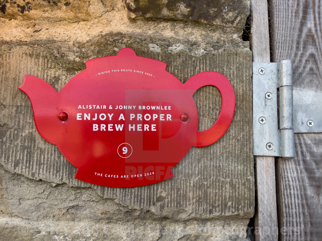 "Teapot Sign at Riverbank Coffee shop, Burnsall, Yorkshire Dales, England." stock image