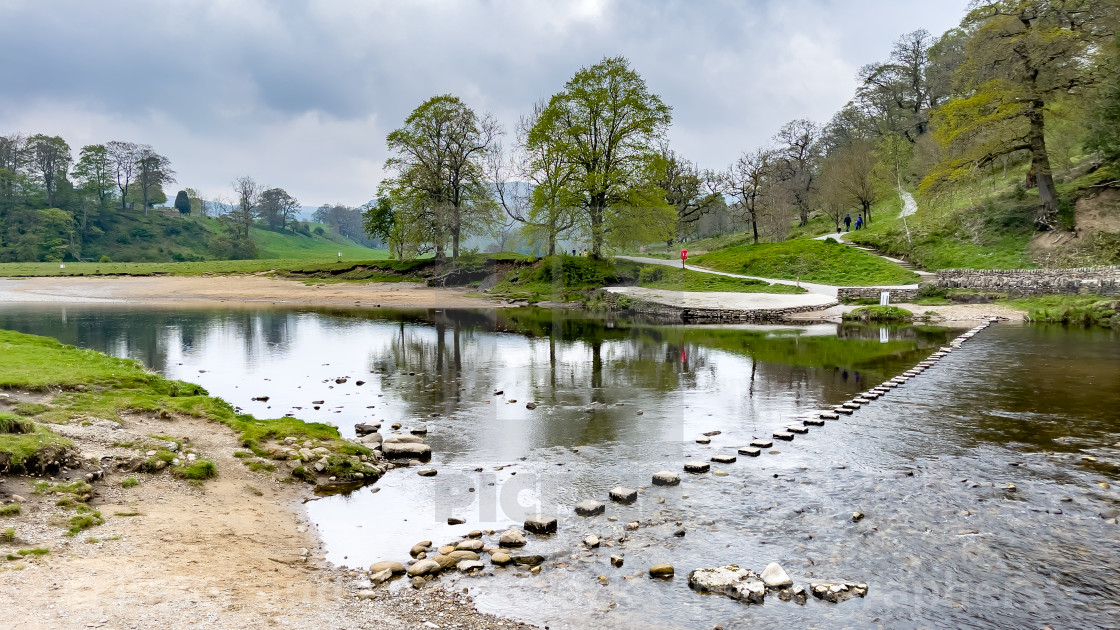 "River Wharfe Stepping Stones at Bolton Abbey, Yorkshire Dales." stock image