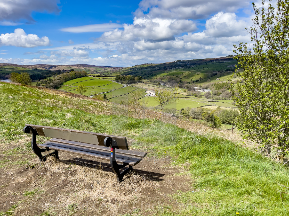 "Bronte Country, View over Oldfield from Bench by Cemetery Road, Haworth" stock image