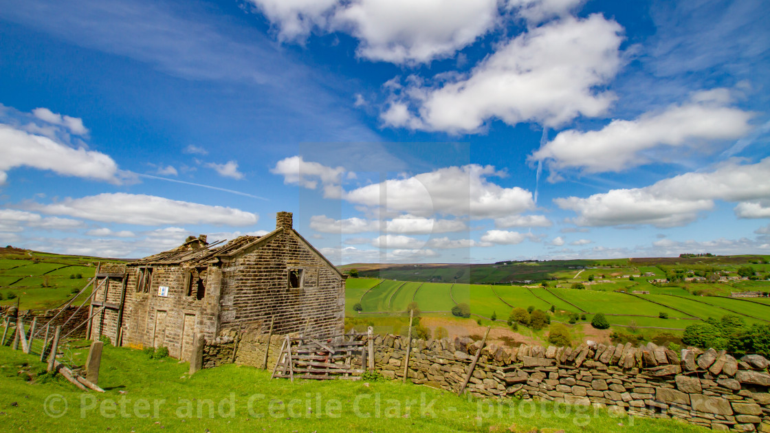 "Bronte Country, Derelict Farmhouse next to Footpath, Bronte Country, Footpath, The Bronte Way to Top Withens, a Derelict Farmhouse," stock image