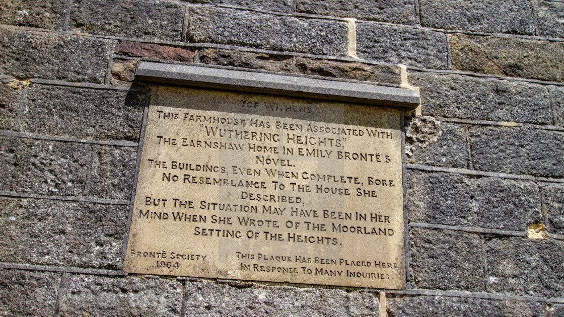 "Bronte Country, Top Withens, a Derelict Farmhouse. Descriptive Plaque." stock image