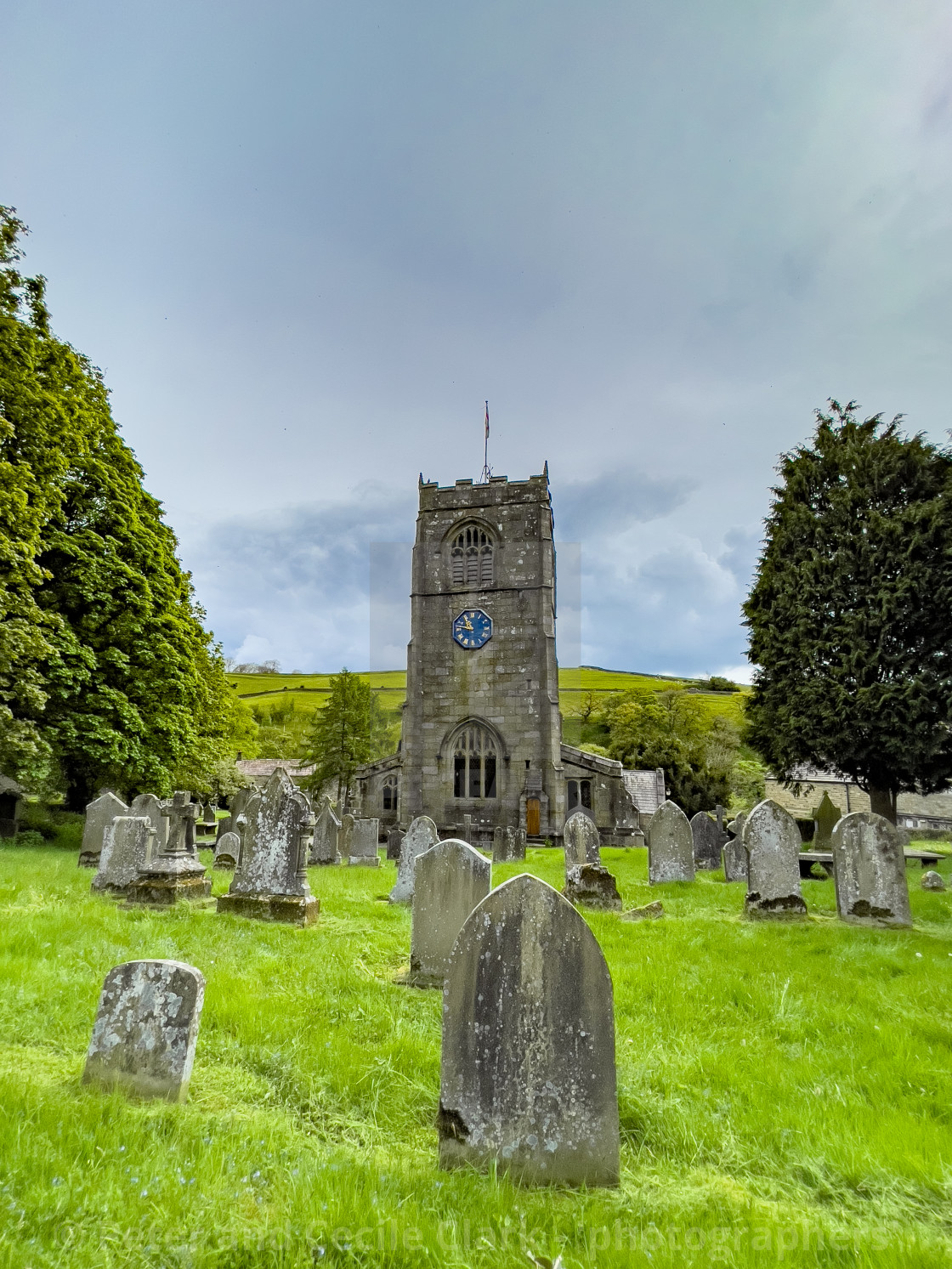 "Church of St Wilfrid and Gravestones, Burnsall, Yorkshire Dales." stock image