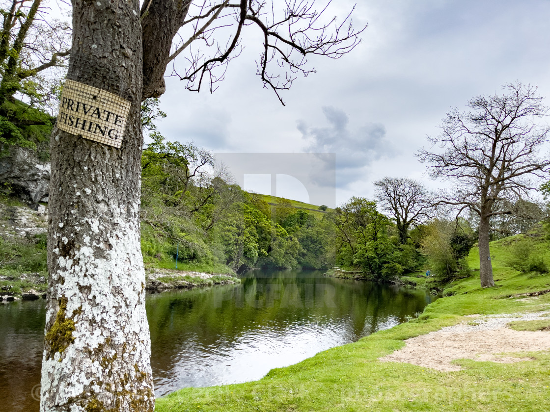 "Private Fishing Sign, River Wharfe, Burnsall, Yorkshire Dales." stock image