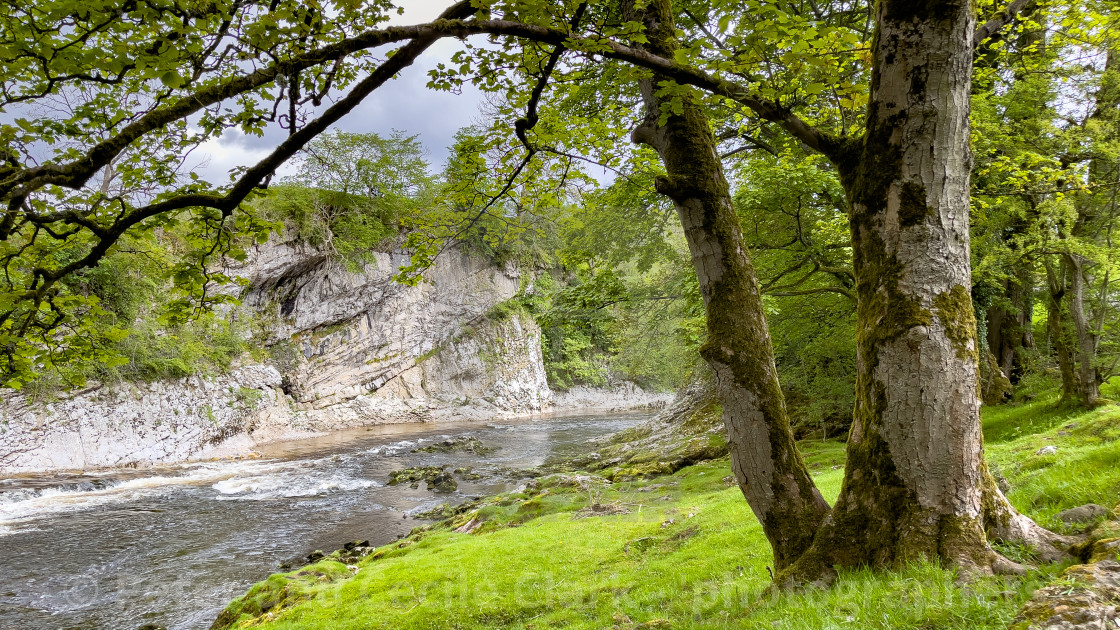 "River Wharfe at Loup Scar near Burnsall in the Yorkshire Dales." stock image