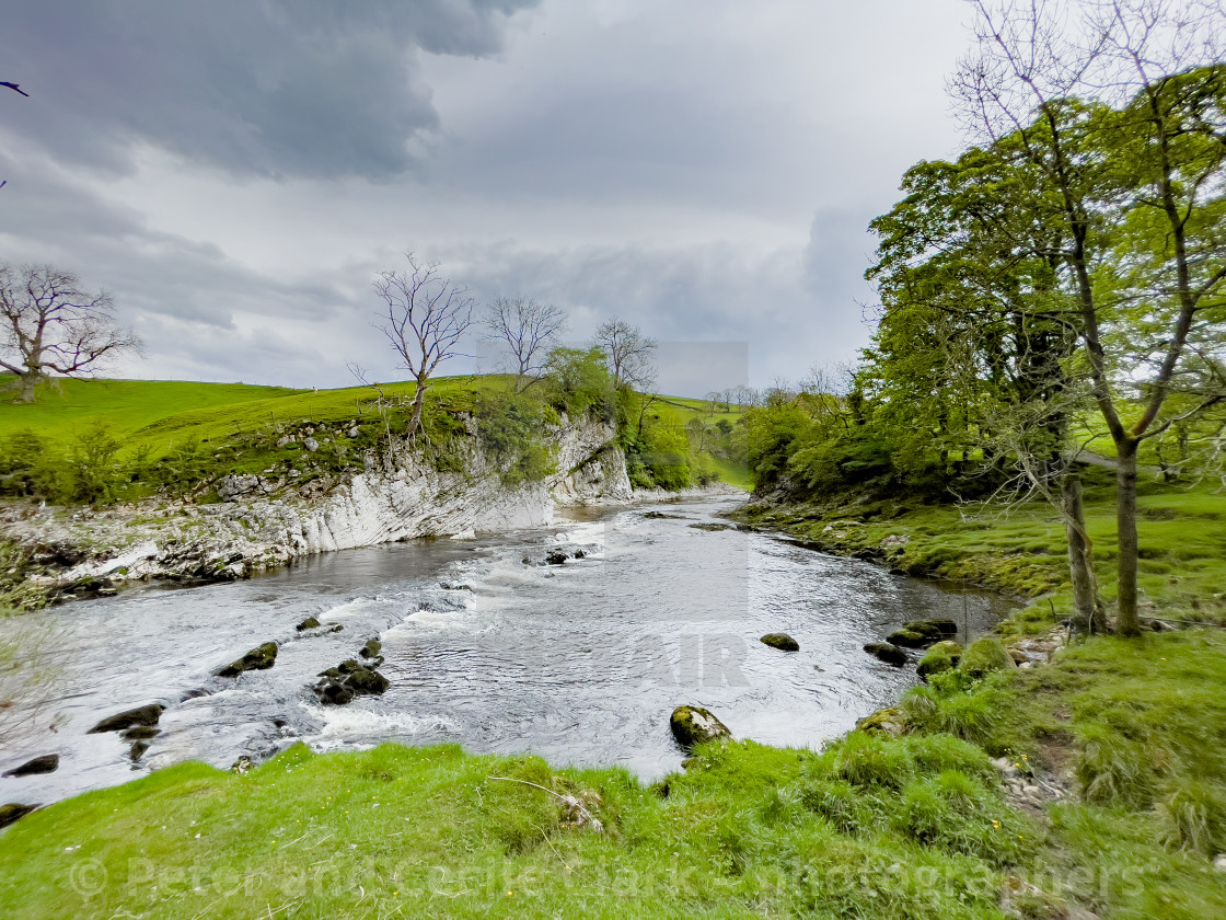 "River Wharfe at Loup Scar near Burnsall in the Yorkshire Dales." stock image