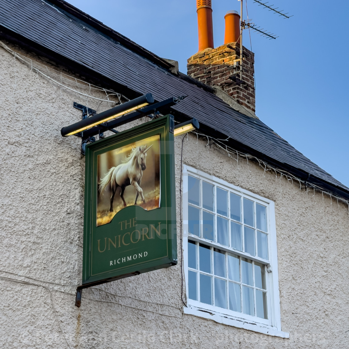 "Hanging Sign, The Unicorn Inn, Richmond, Yorkshire." stock image