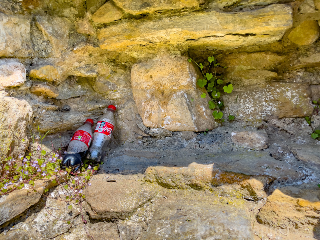 "Plastic Drink Bottle Waste in Wall, Easby Abbey, Richmond." stock image