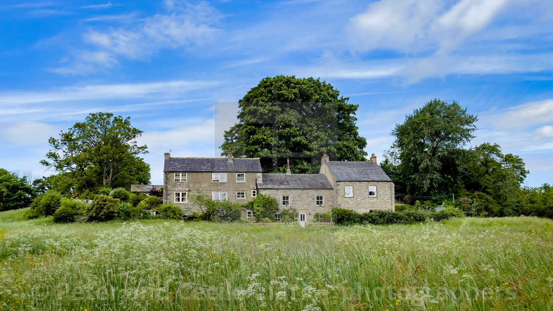 "Cottages, Linton in Craven. Meadow to Foreground." stock image