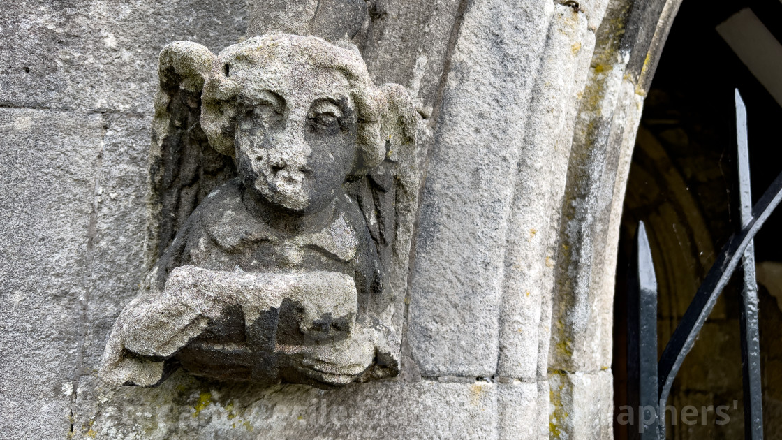 "Parish Church, St Michael and All Angels, Linton in Craven. Carved Angels at Porch Entrance." stock image