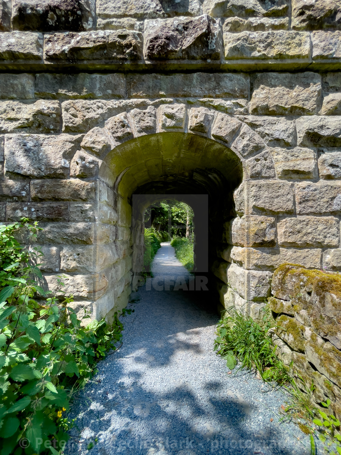 "Crenelated Nidd Aquaduct, Tunnel at River Wharfe near Barden Bridge" stock image