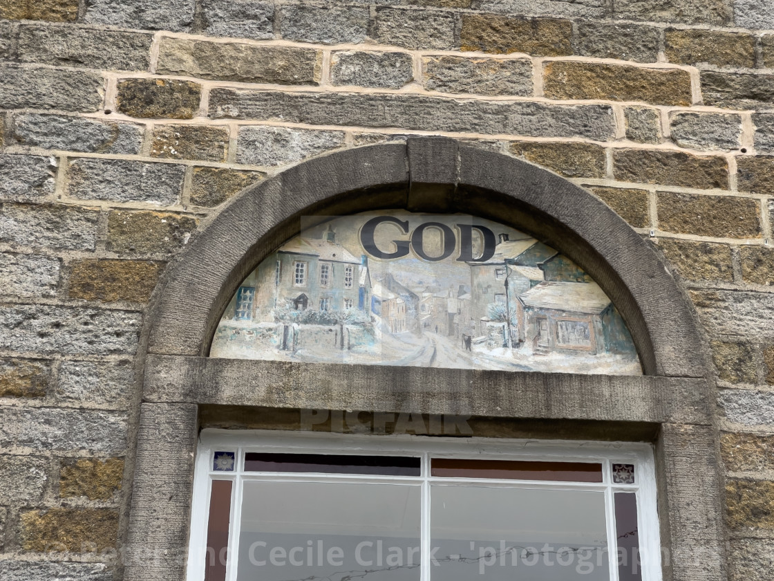 "Grassington Methodist Church, Yorkshire Dales, Arched Window Sign." stock image