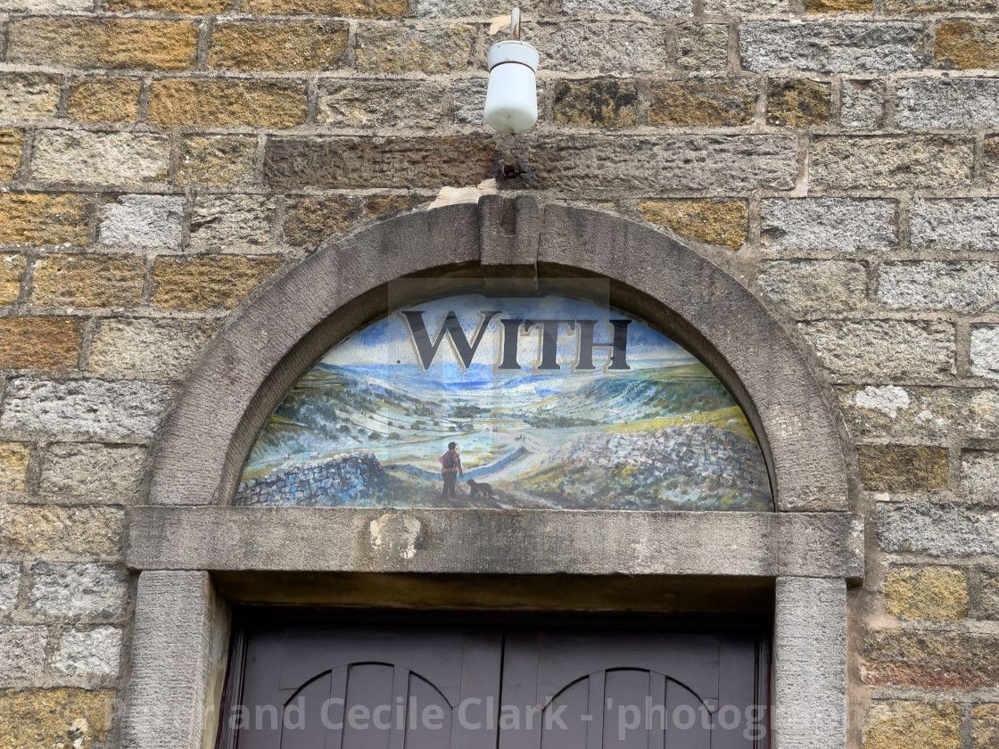 "Grassington Methodist Church, Yorkshire Dales, Arched Window Sign." stock image