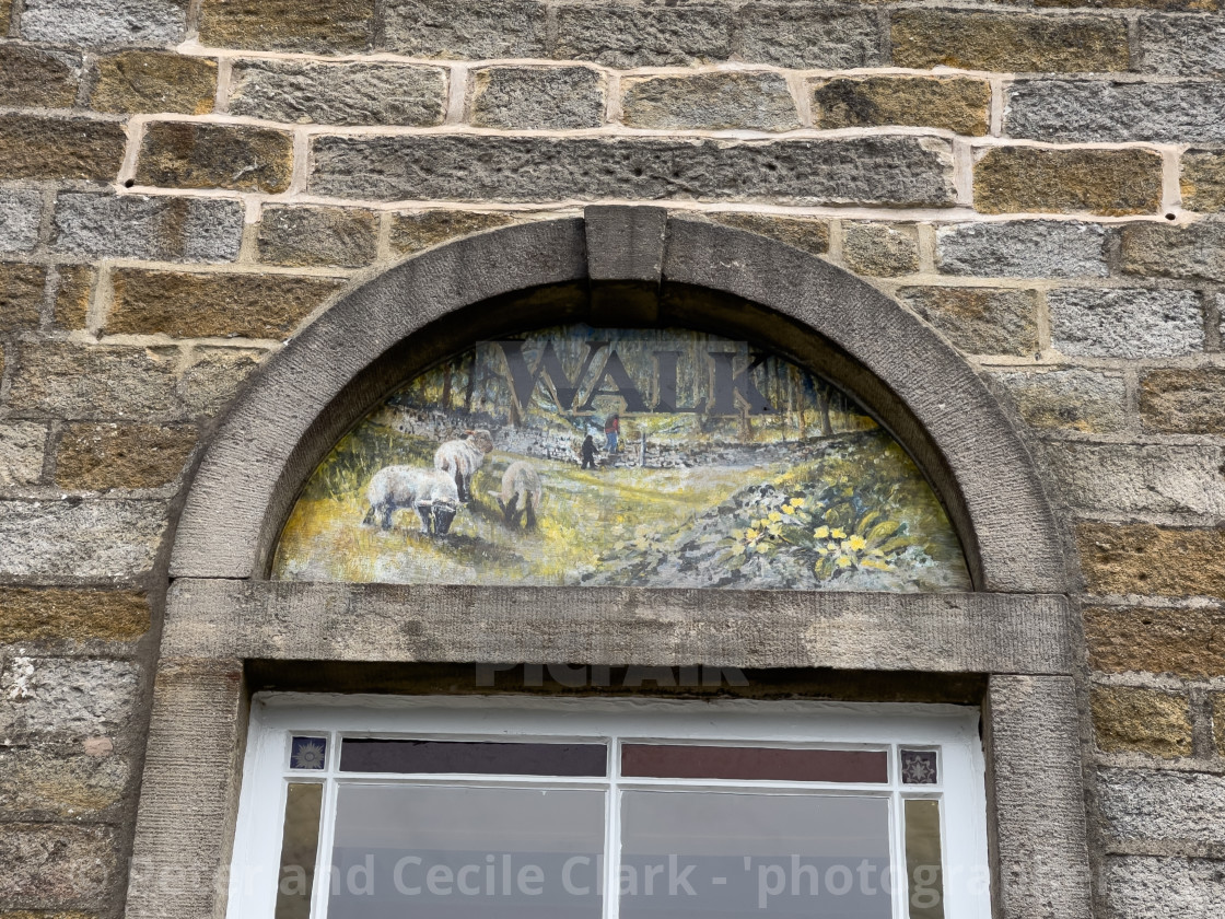 "Grassington Methodist Church, Yorkshire Dales, Arched Window Sign." stock image