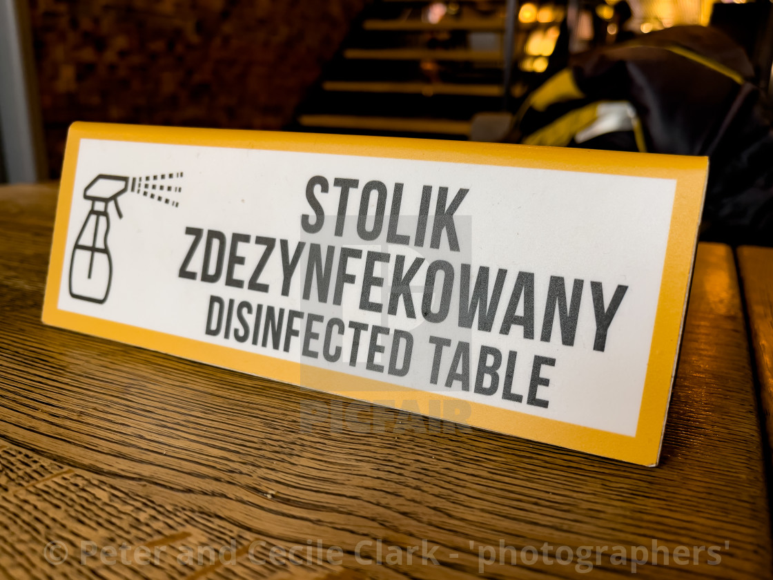 "Table, disinfected sign." stock image