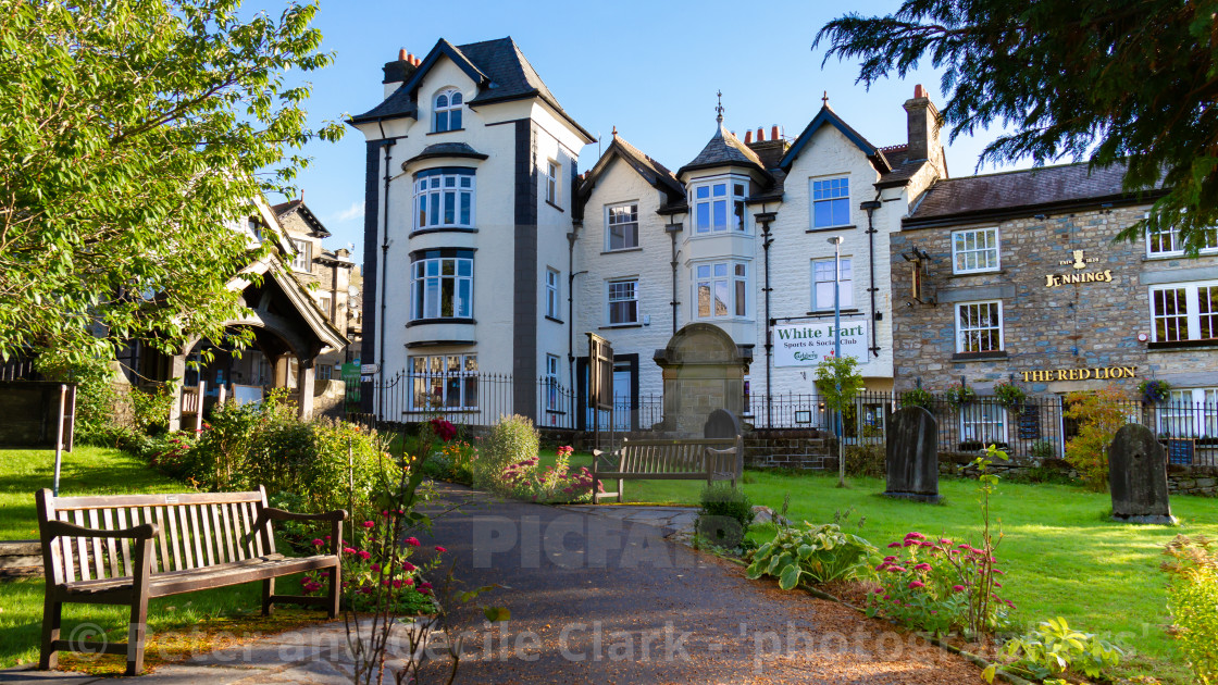 "St Andrews Church, Main Street, Sedbergh. Entrance path and seats." stock image