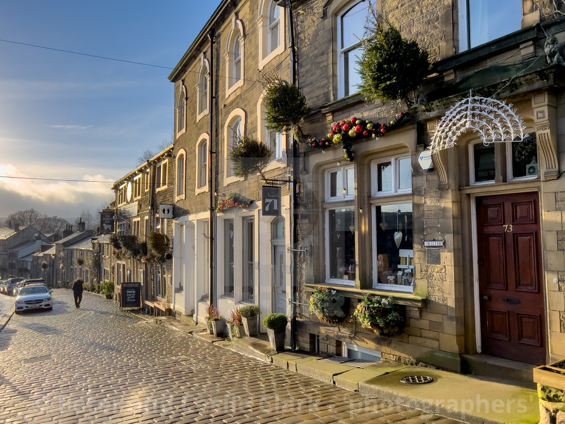 "Haworth Main Street, Setts and Shops and Cottages." stock image