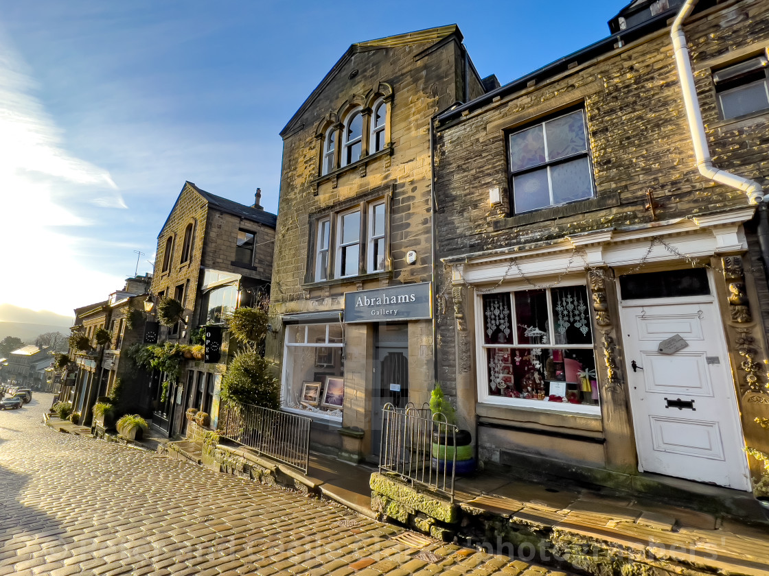 "Haworth Main Street, Setts and Shops." stock image