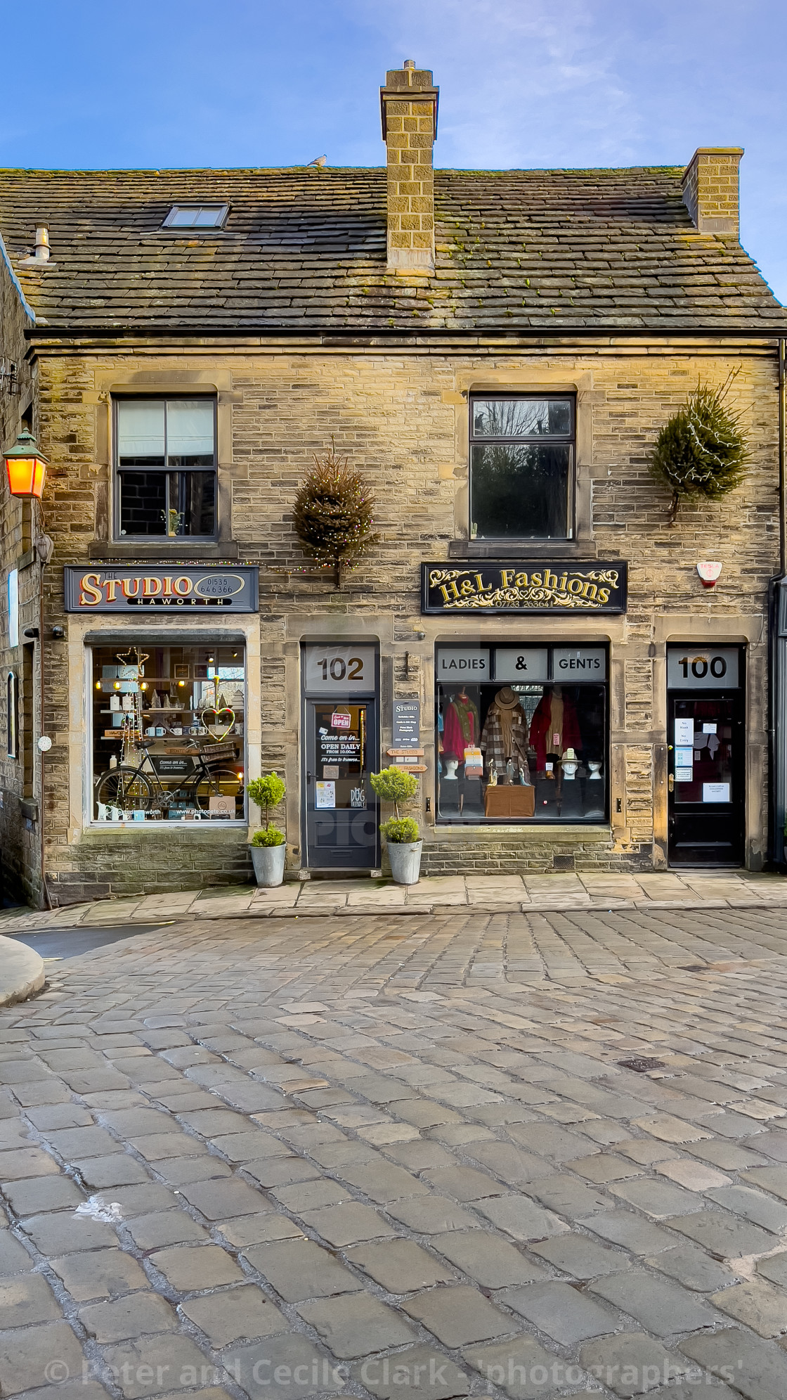 "Haworth Main Street, Setts and Shops, Bronte Country." stock image