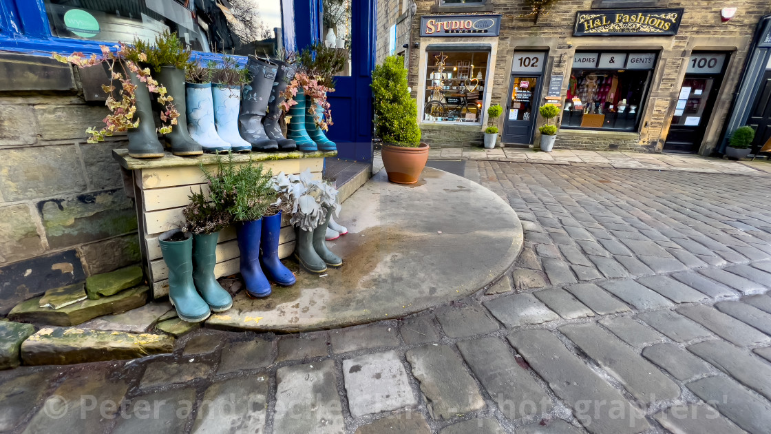 "Haworth Main Street, Setts and Shops, Bronte Country." stock image