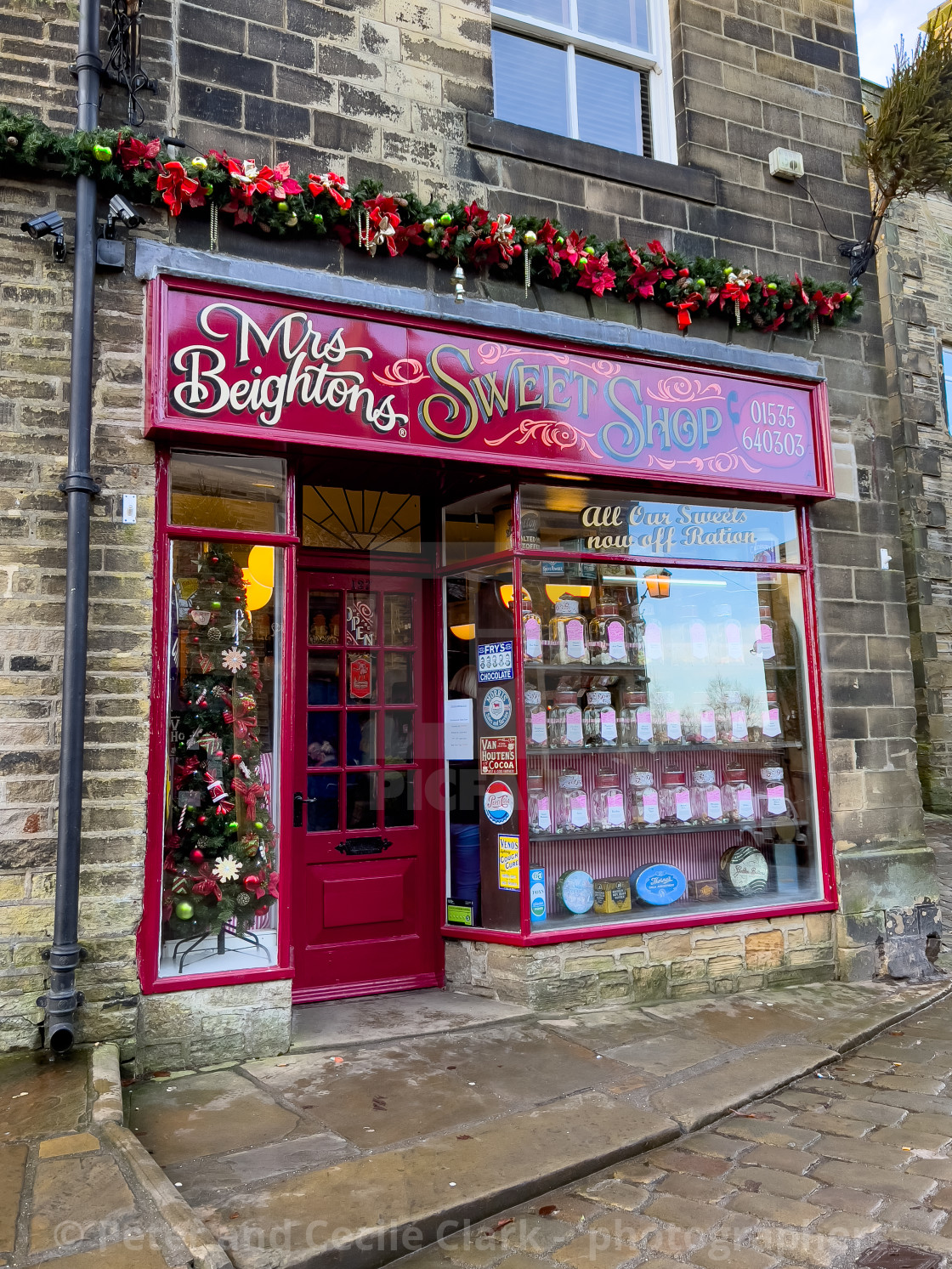 "Haworth Main Street, Setts and Shops, Bronte Country." stock image