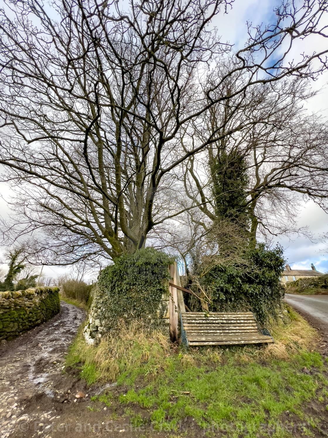 "Hebden, Main Street and Back Lane Junction with Seat." stock image