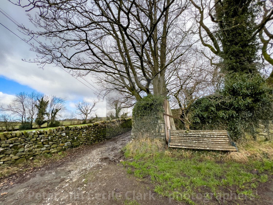 "Hebden, Main Street and Back Lane Junction with Seat." stock image