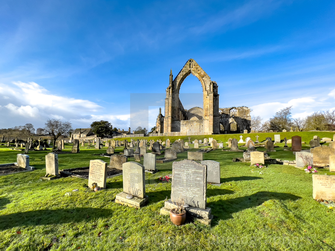 "Bolton Abbey Priory, Yorkshire, The Ruins and Graves." stock image