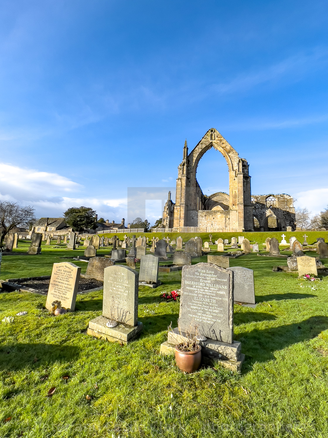 "Bolton Abbey Priory, Yorkshire, The Ruins and Graves." stock image