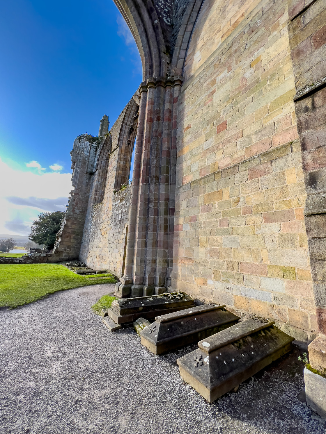 "Bolton Abbey, Priory Ruins and Tombs." stock image