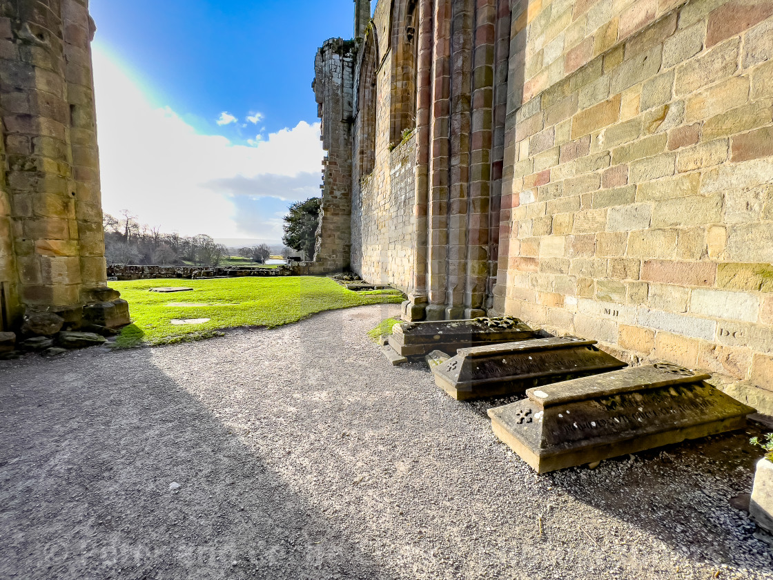 "Bolton Abbey, Priory Ruins and Tombs." stock image