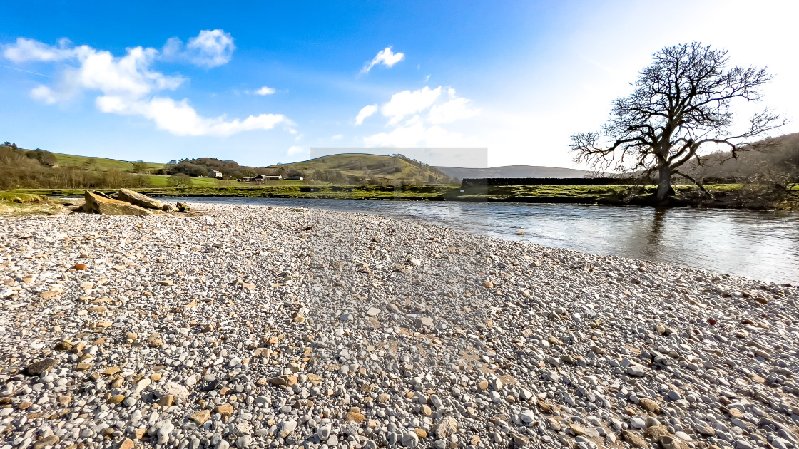 "Riverbank Pebbles, River Wharfe, Burnsall." stock image