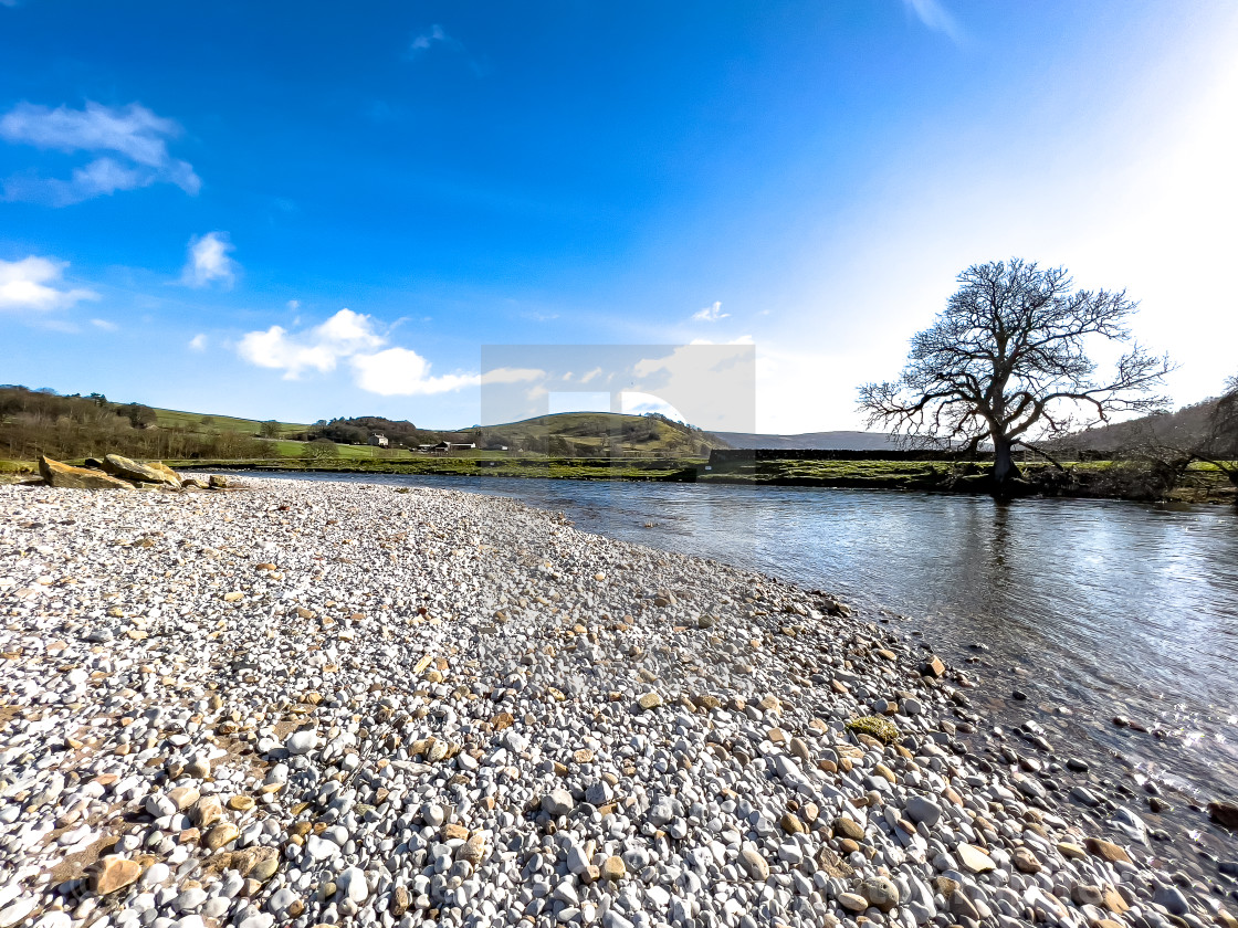 "Riverbank Pebbles, River Wharfe, Burnsall." stock image