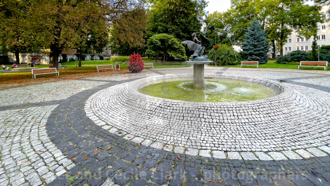 "The ‘Boy and Swan’ Fountain, Gliwice, Poland" stock image