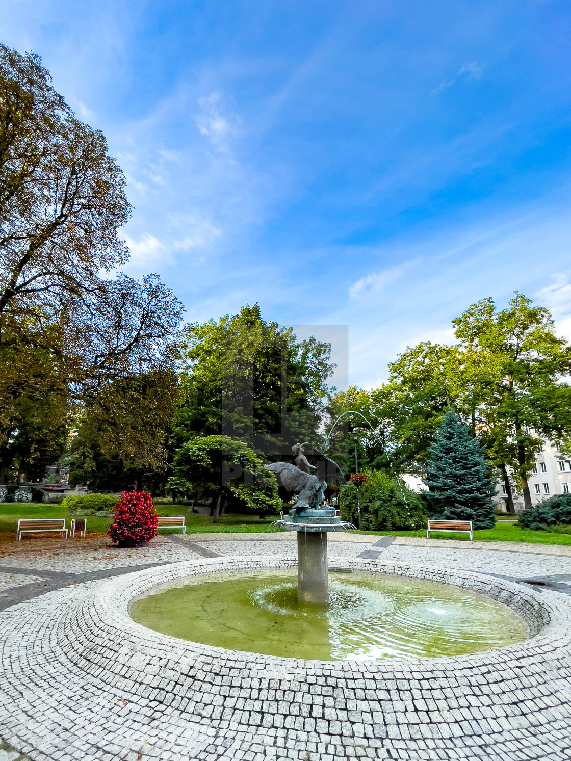 "The ‘Boy and Swan’ Fountain, Gliwice, Poland" stock image