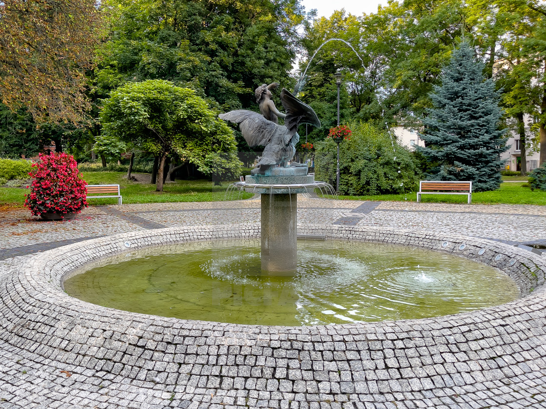 "The ‘Boy and Swan’ Fountain, Gliwice, Poland" stock image