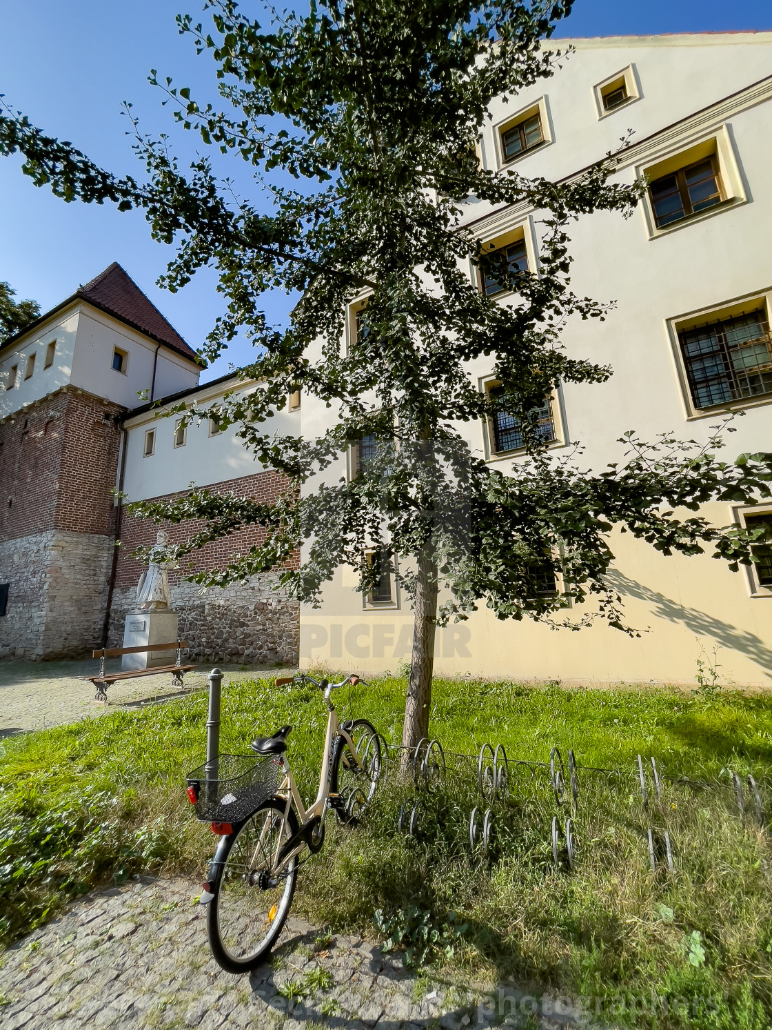 "Bicycle Parked on Cobbles, Gliwice." stock image