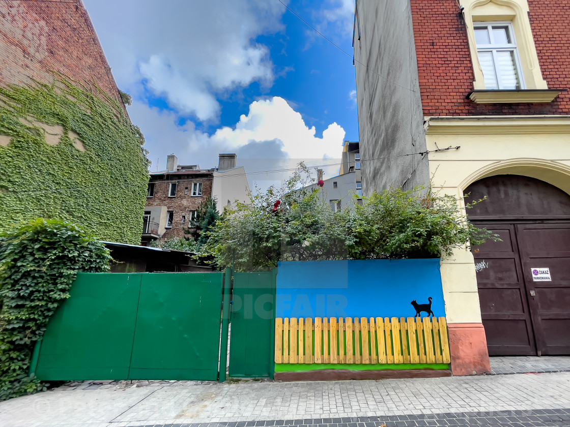 "Black Cat Mural, Street Scene, Gliwice," stock image