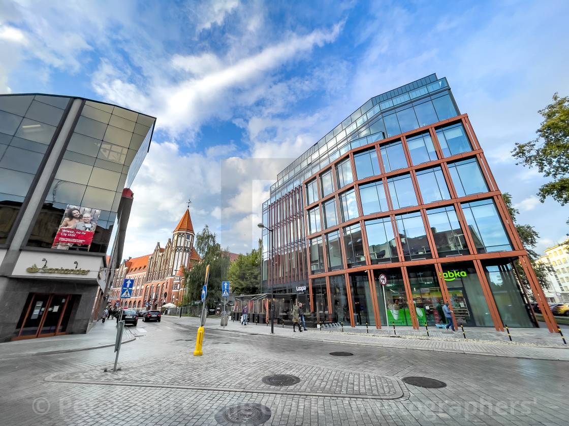 "New Office Building wth Post Office in Background, Gliwice," stock image