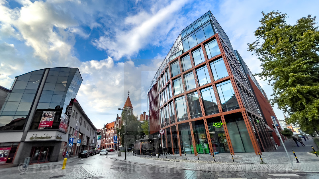 "New Office Building wth Post Office in Background, Gliwice," stock image