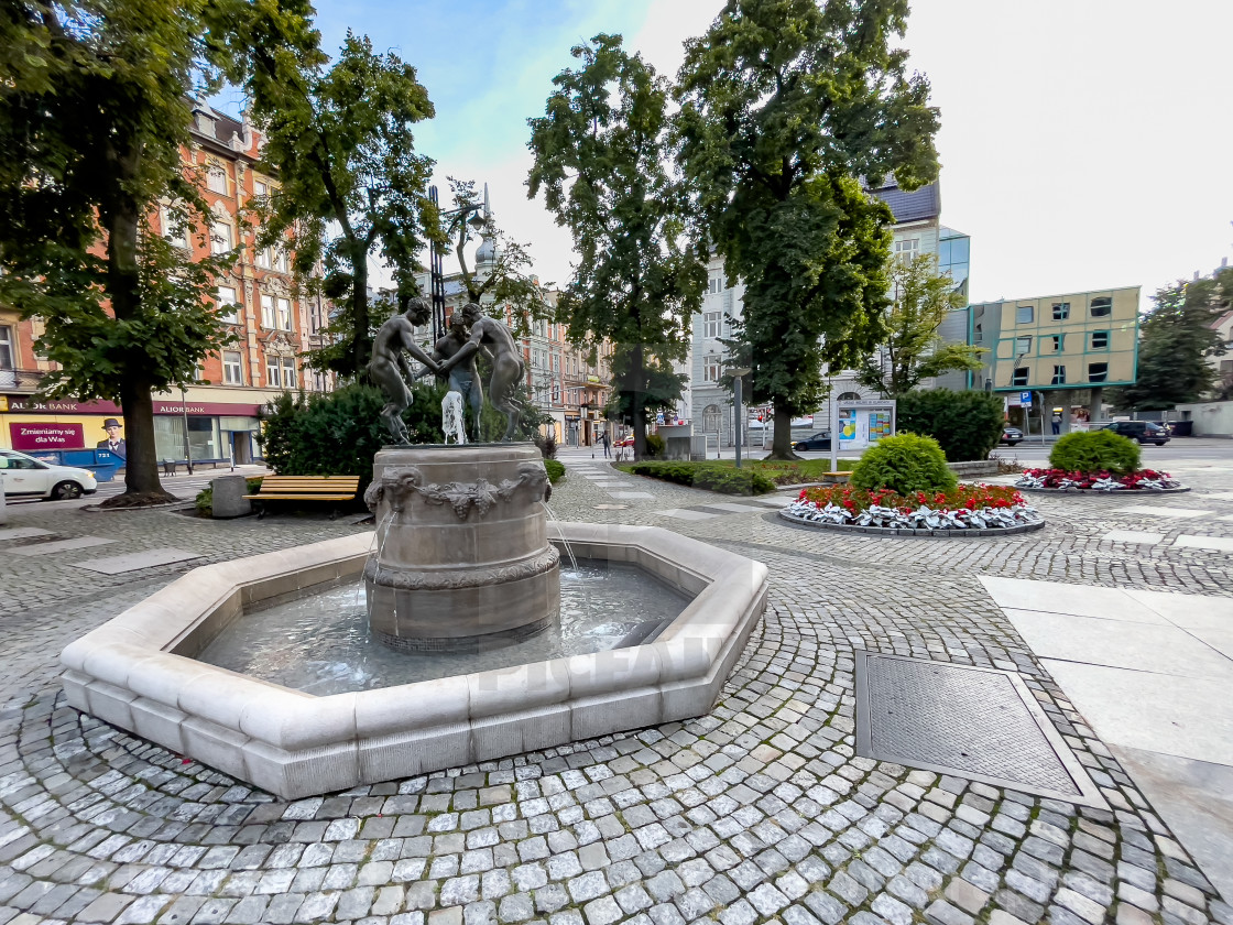 "The ‘Dancing Fauns’ Fountain and Pedestal. Gliwice, Poland." stock image