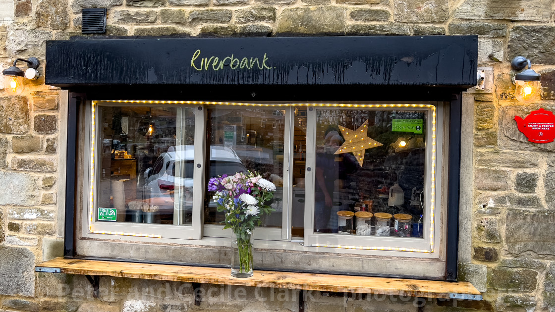 "Riverbank Cafe, Burnsall." stock image