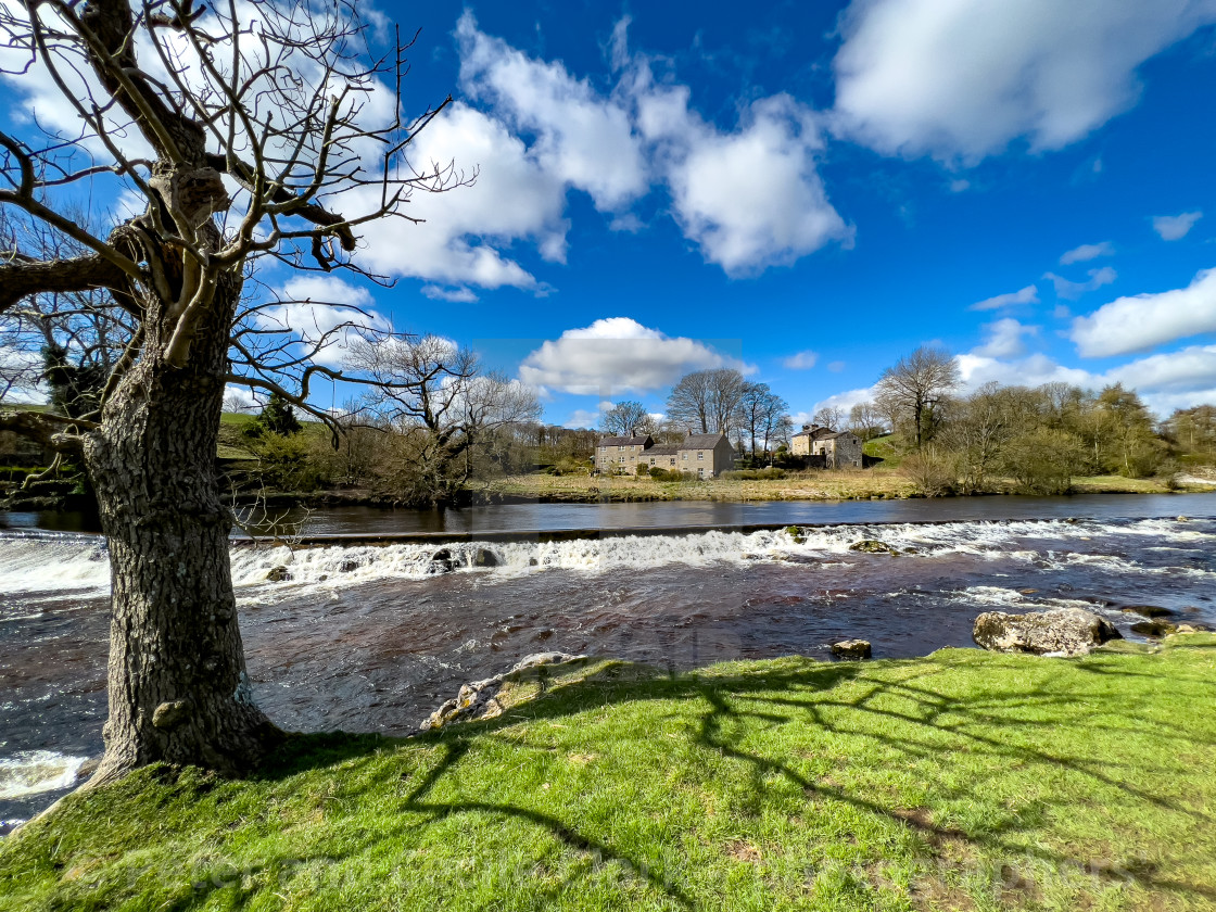 "River Wharfe, Weir, Linton Falls." stock image