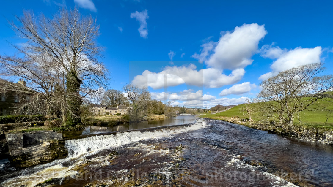 "River Wharfe, Weir, Linton Falls." stock image