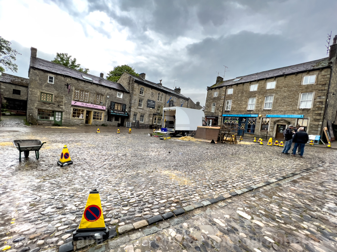 "Grassington Cobbled Market Square after a days filming." stock image