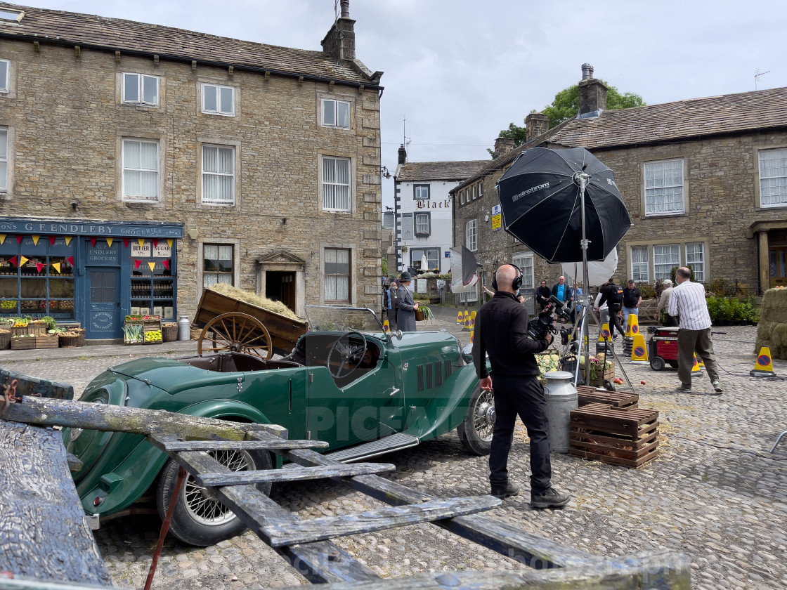 "Grassington Cobbled Market Square During a Days Filming." stock image