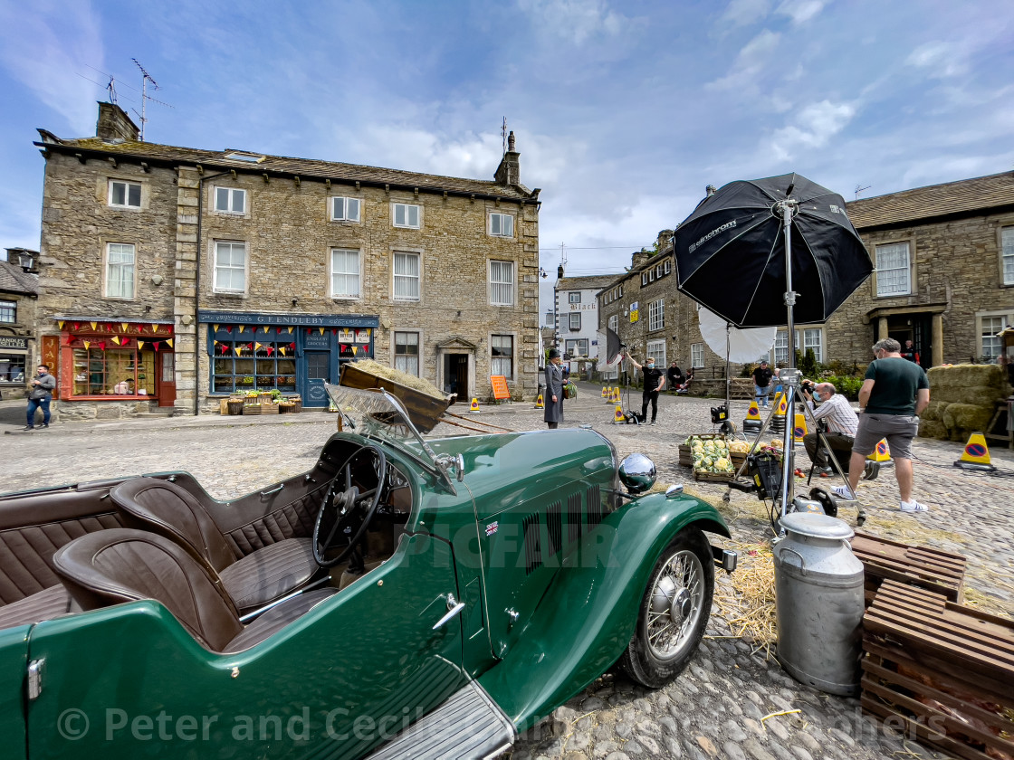 "Grassington Cobbled Market Square During a Days Filming." stock image